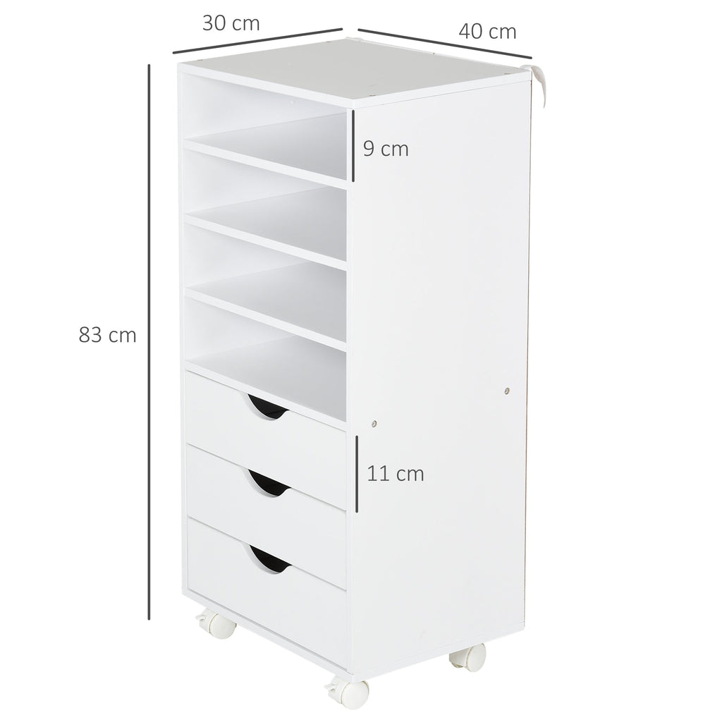 Vadet Tagged Coaching Daid with 4 wheels 4 shelves 3 drawers in Wooden Wooden White MDF 38 x 30 x 86.8 cm - Borgè