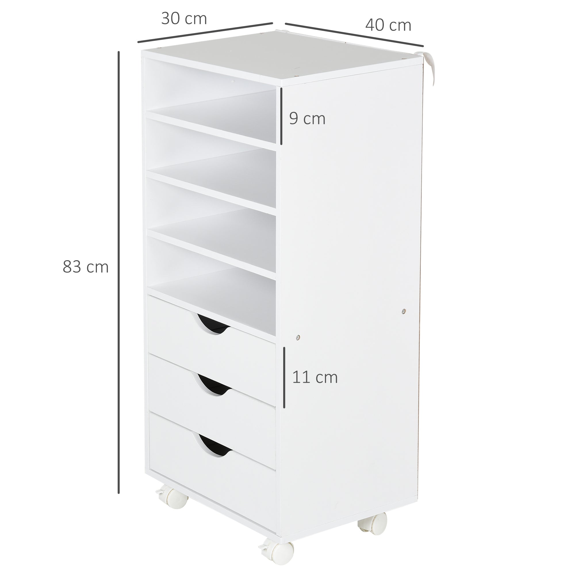 Vadet Tagged Coaching Daid with 4 wheels 4 shelves 3 drawers in Wooden Wooden White MDF 38 x 30 x 86.8 cm - Borgè