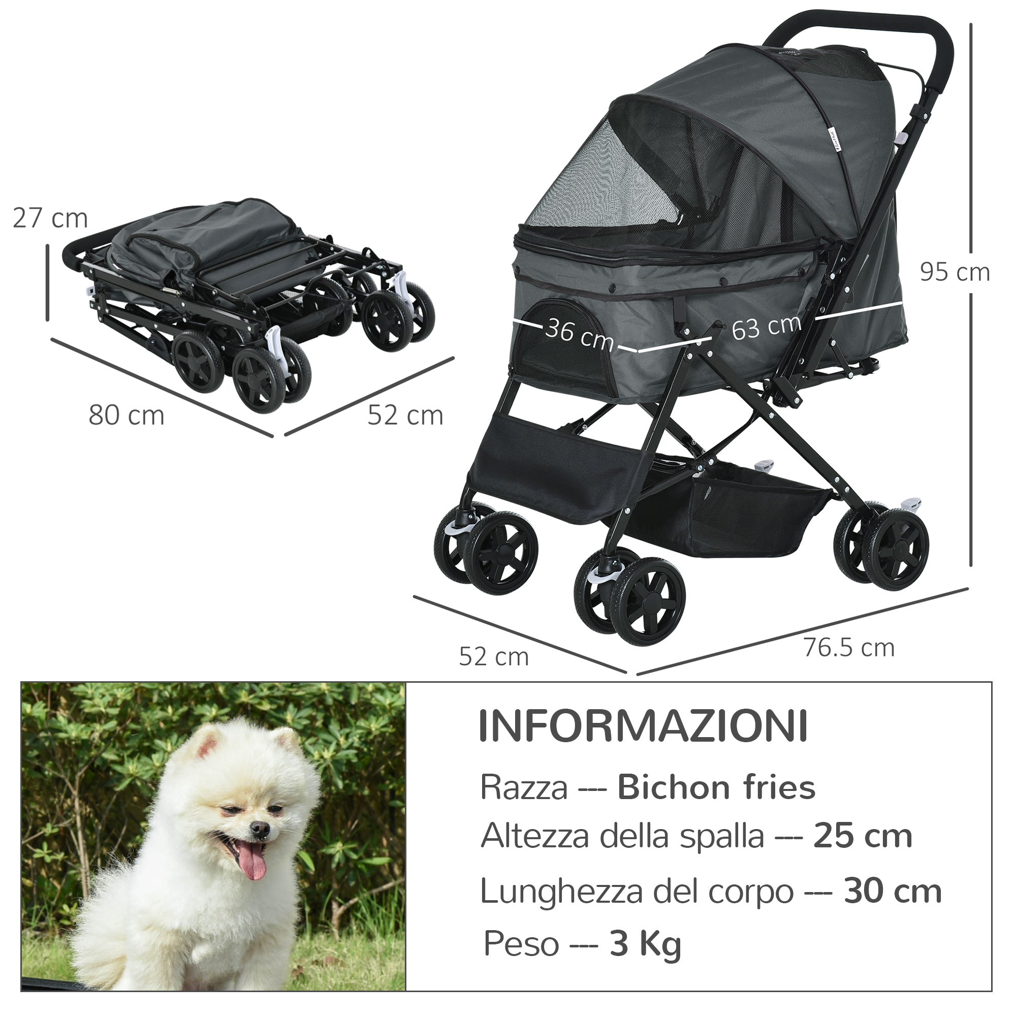 PAWHUT Small dog stroller folding with swivel handle and storage basket, 76.5x52x95 cm, Grey - Borgè