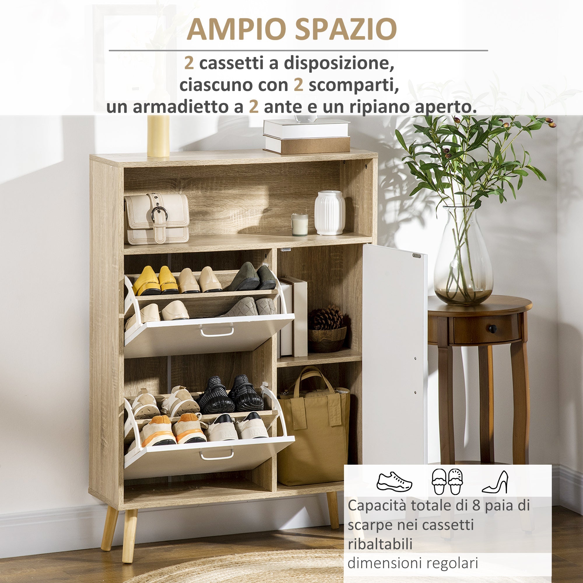 Scarpper saving for 8 pairs of shoes with 2 doors and wooden cabinet, 80x25.5x112.5cm, white - Borgè