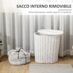 Cesto Boarder holder in wicker with lid and internal sack in washable fabric, white - Borgè