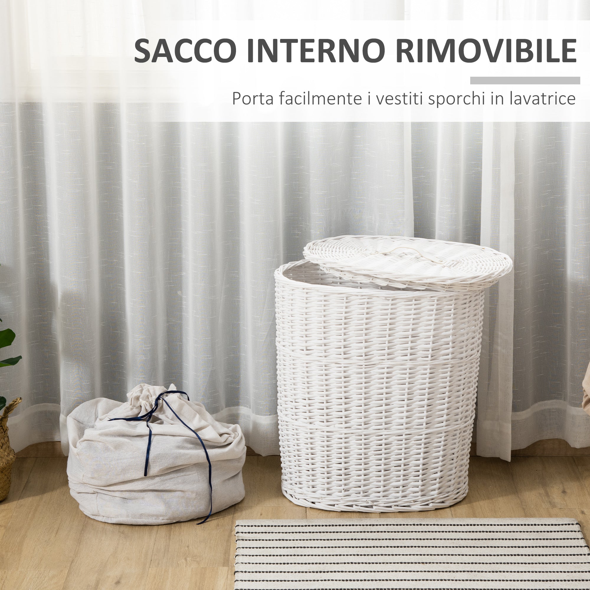 Cesto Boarder holder in wicker with lid and internal sack in washable fabric, white - Borgè