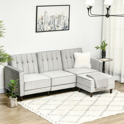 sofa bed 3 seats with footrest and reclining back, velvet coating and padded seat, 218x85x86 cm, light Grey - Borgè