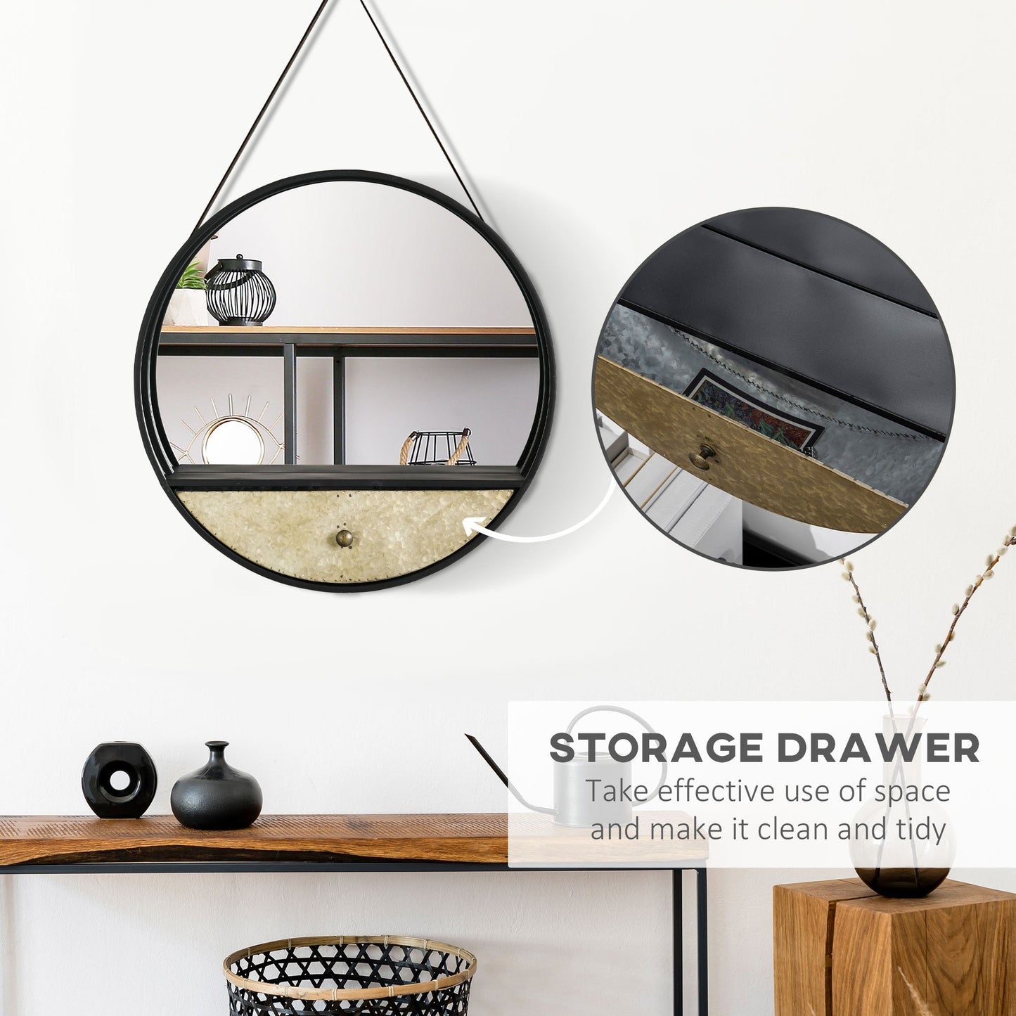 round wall mirror Ø61cm with drawer and black metal frame - Borgè