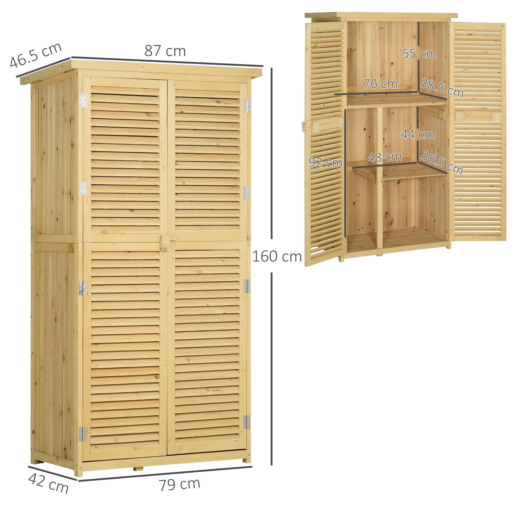 Fir and Pine Wood Garden Tool Shed with 4 Compartments, Outdoor Garden Tool Cabinet with Waterproof Roof, 87x46.5x160cm, Wood Color - Borge' Group Limited