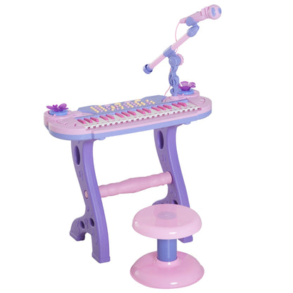 Pianola for children at 37 keys with stool and microphone, 12 instruments and 22 music, recording, mp3 and karaoke, pink - Borgè