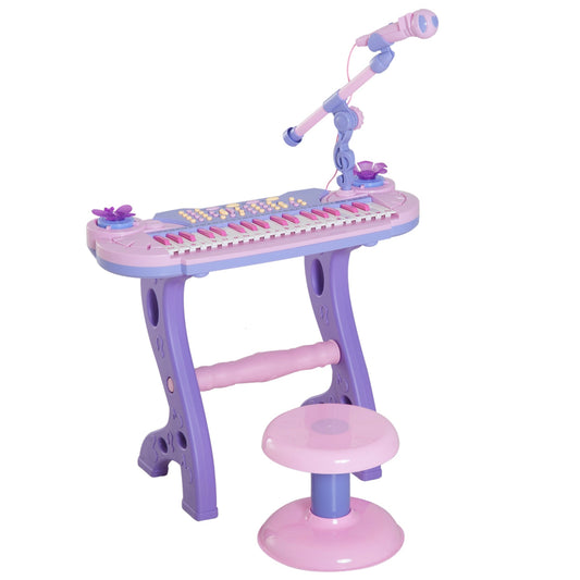 Pianola for children at 37 keys with stool and microphone, 12 instruments and 22 music, recording, mp3 and karaoke, pink