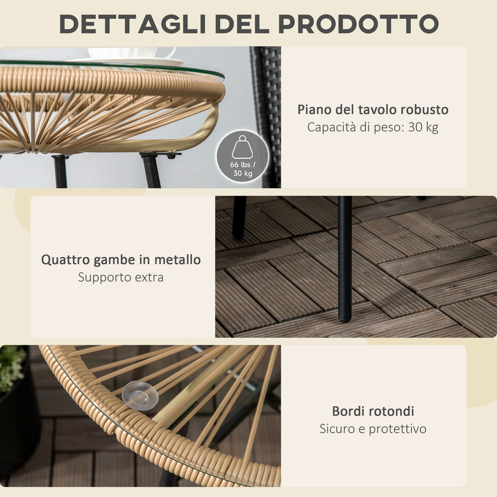 Round Garden Coffee Table Boho Style PE Rattan and Glass, Ø50x50cm, Beige - Borge' Group Limited