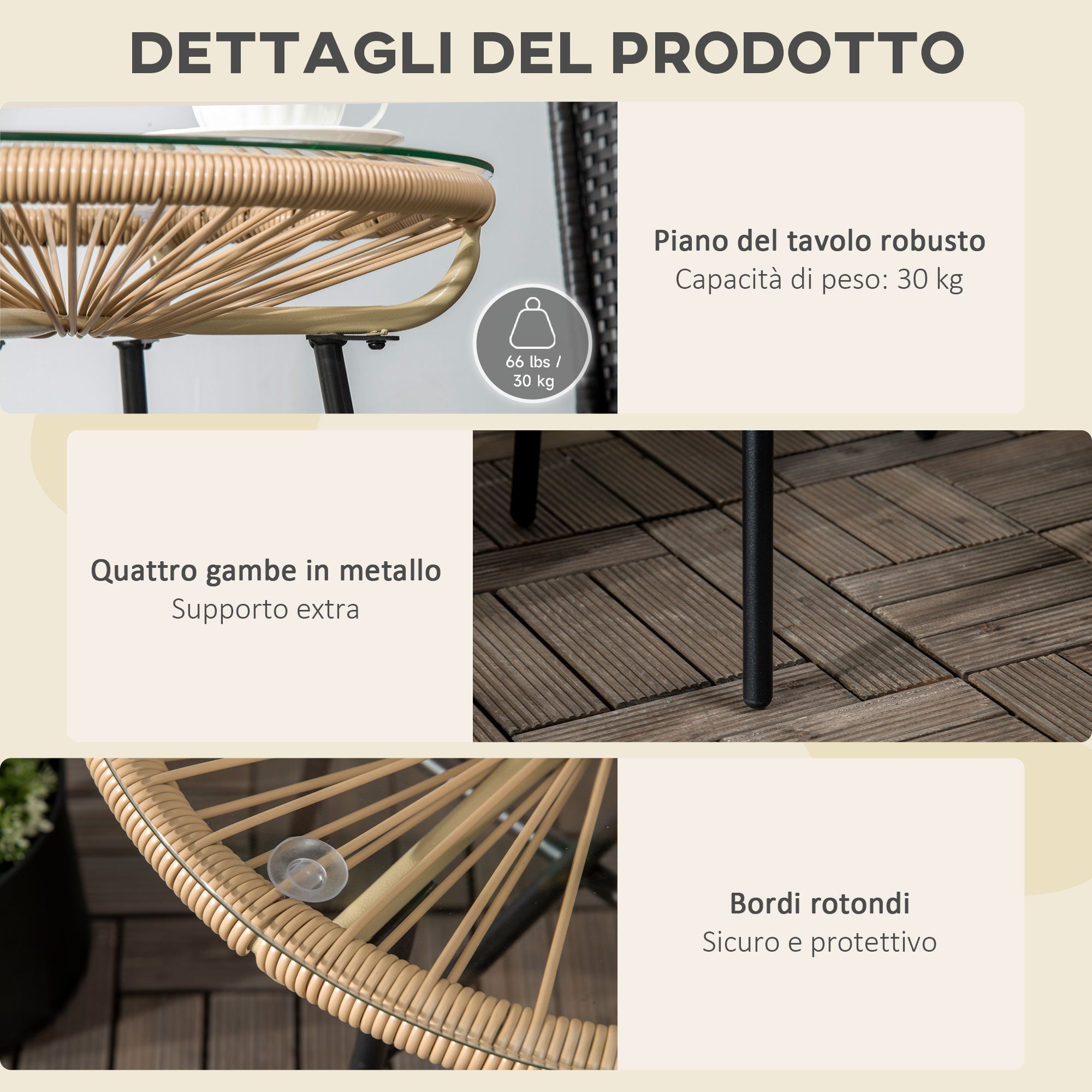 Round Garden Coffee Table Boho Style PE Rattan and Glass, Ø50x50cm, Beige - Borge' Group Limited
