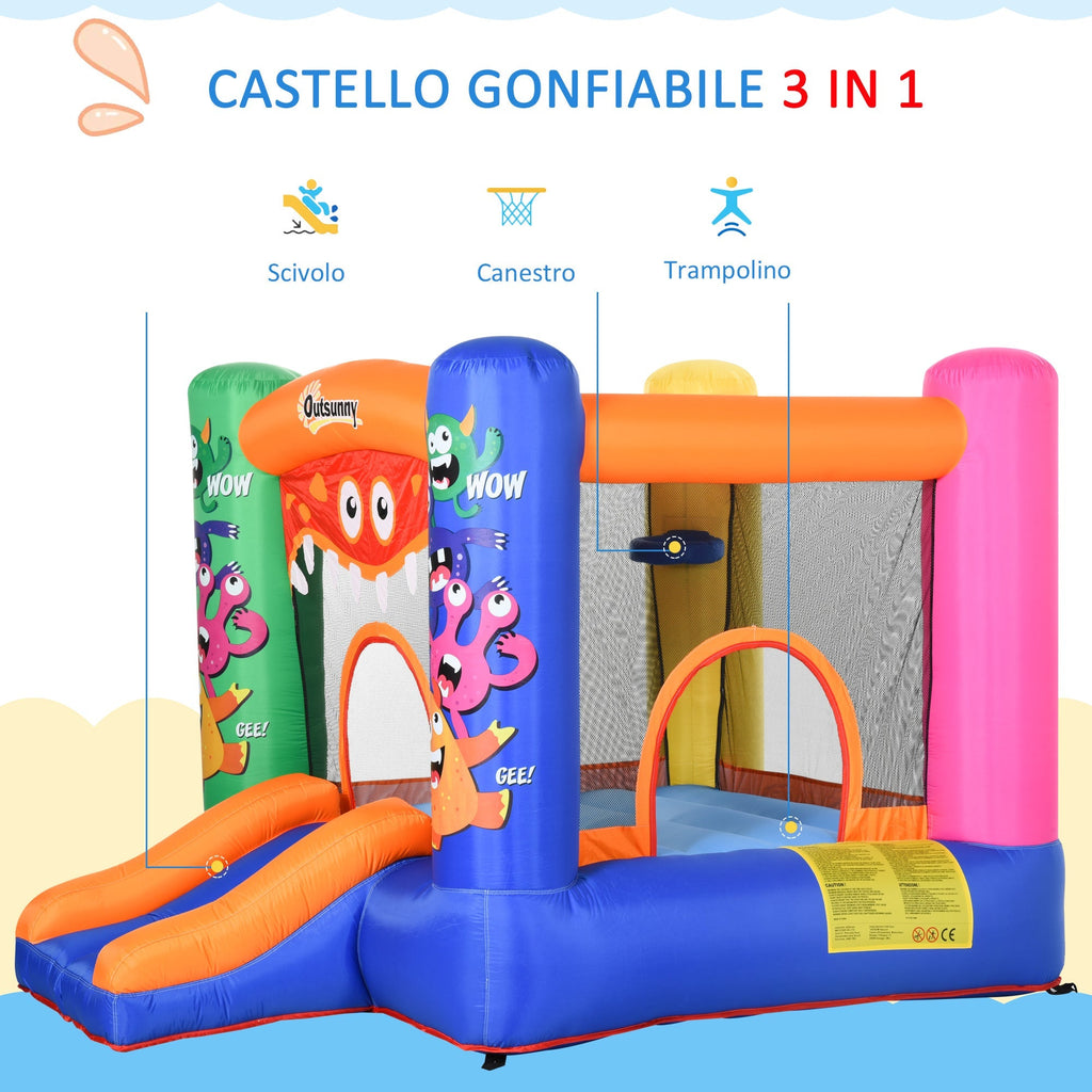 Inflatable Playhouse Giant Bouncy Castle for Kids 3-8 Years Old Colorful Bouncy Trampoline with Slide and Basketball Hoop 250cmx180cmx175cm - Borge' Group Limited