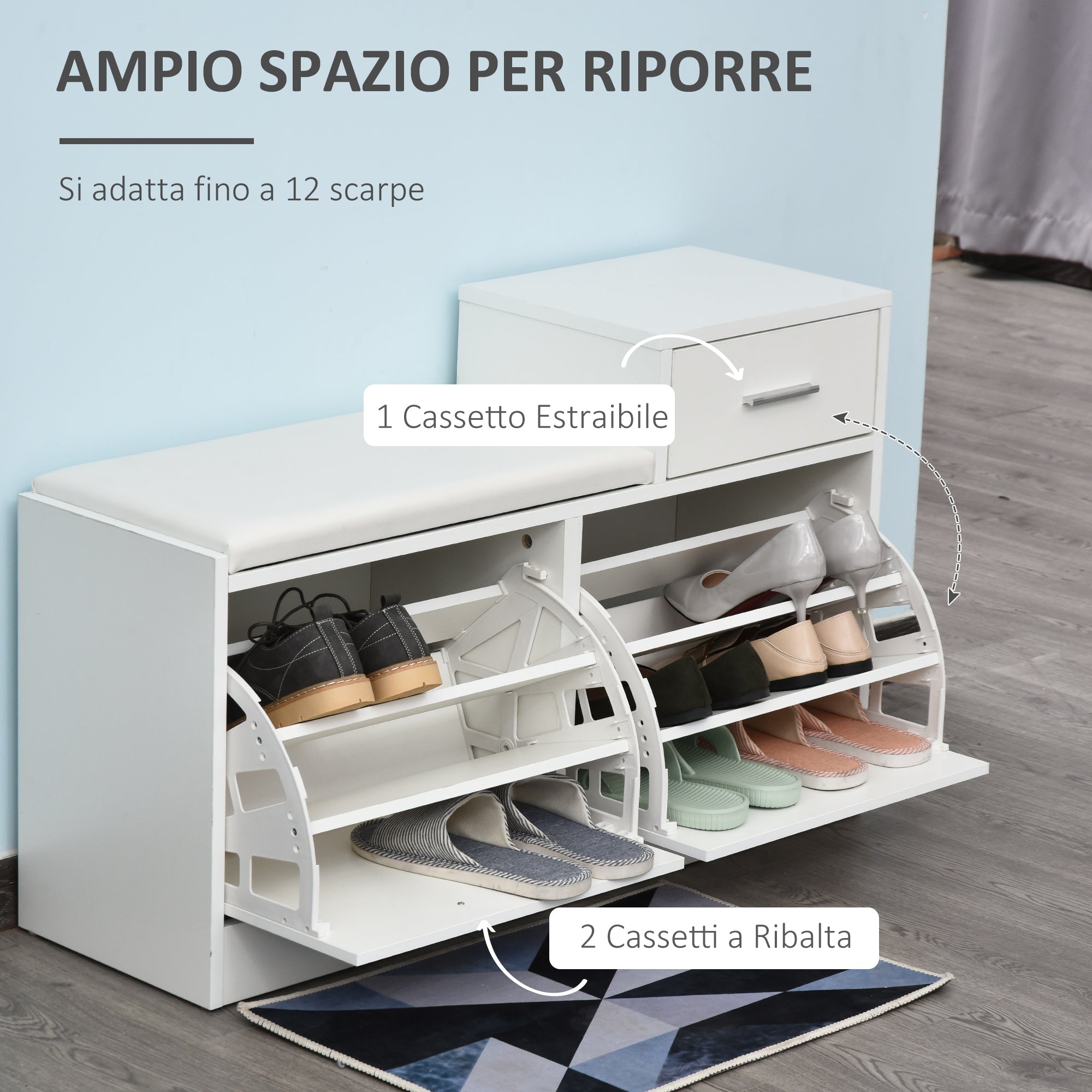 Homcom Scarpascarpe SCUSCARPE MODERN DESIGN 12 PAIA OF SHIP SHIPS WITH ENTRANCE IN ENTRANCE IN SLACED WOOD WOOD 94.5 x 57 x 30 cm white - Borgè