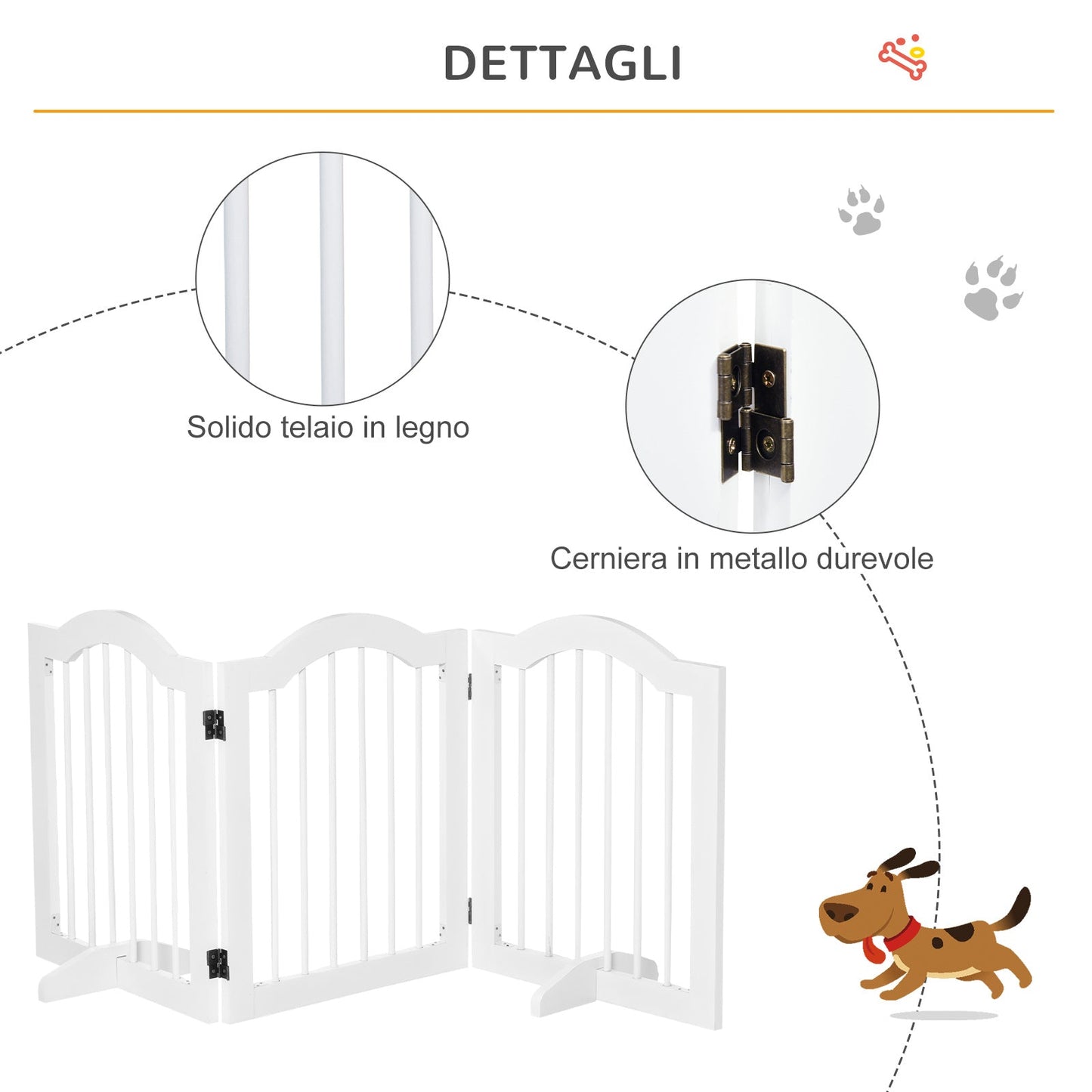 Pawhut Folding Dog Cancellino with 3 sections in wood, 154.5x29.5x61cm, white - Borgè