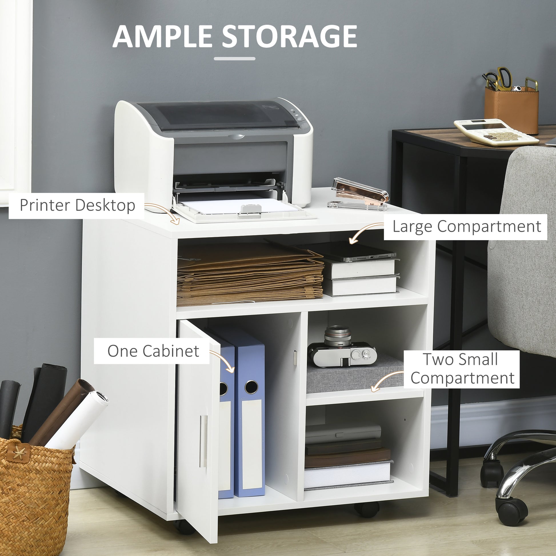 Homcom Cabinet Printer holder with open shelves and wooden locker, 60x50x65.5cm, white - Borgè