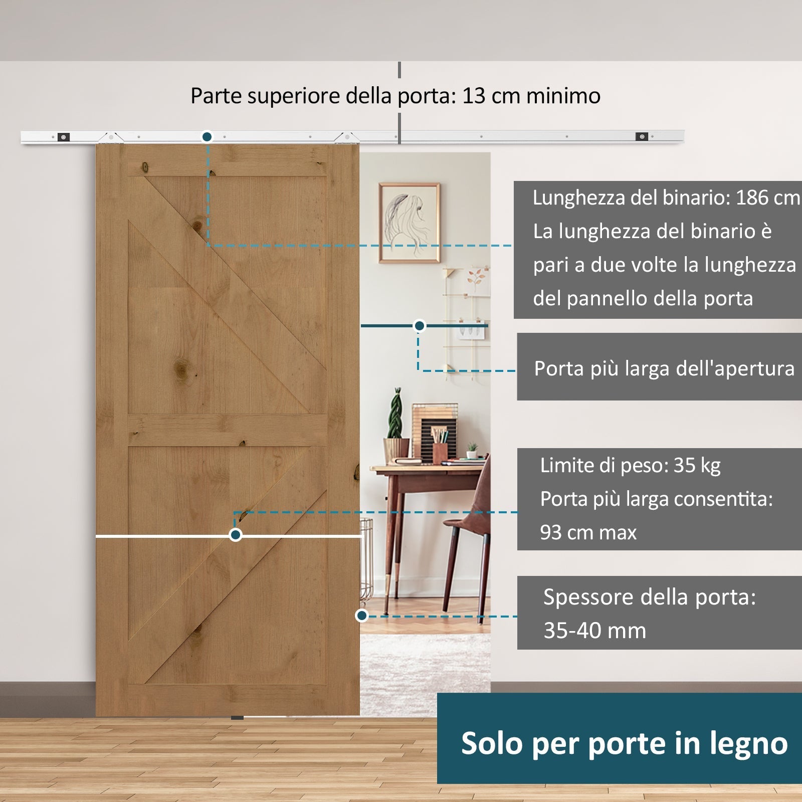 Sliding Door Kit with tools, rollers, guide, blocks and hexagonal key, 186x2.5x3.77 cm - Borgè