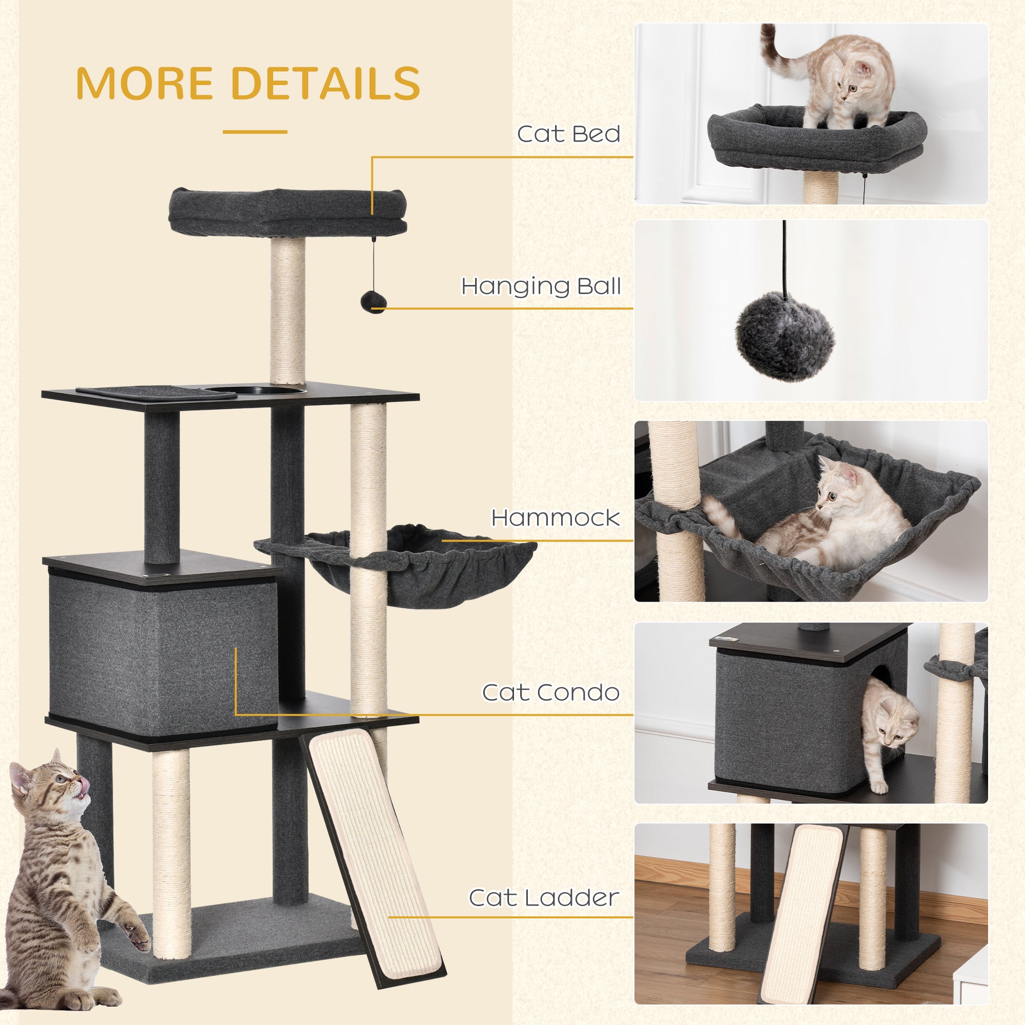 Cat Tree for cats with Scratch Pole for up to 5 Kgs Cat I, 60x40x146cm - Borge' Group Limited