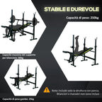 Multifunction bench fitness station with adjustable backrest on 3 levels support legs and upper bar - black - Borgè