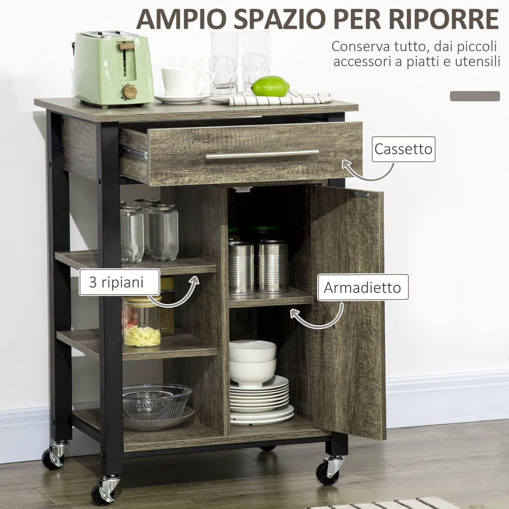 kitchen trolley spirits with wheels, chipped wood, 60x50x84.5cm, brown - Borgè