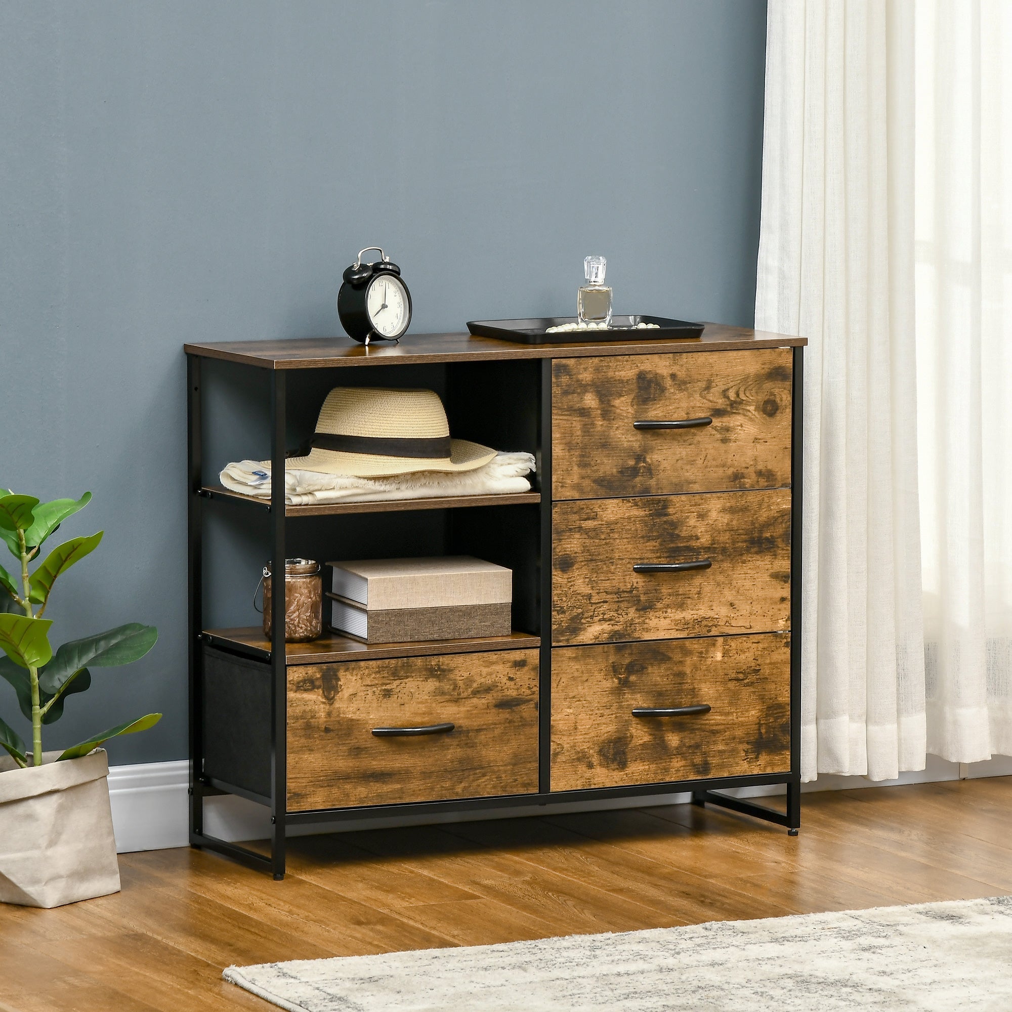 Industrial style chest of drawers with 4 drawers in folding fabric and 2 open shelves, 84x30x71.5 cm, brown - Borgè