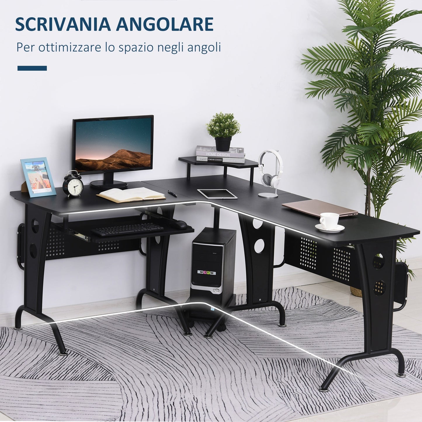 Desk Angular Gaming and Salvaspazio with black removable keyboard shelf - Borgè