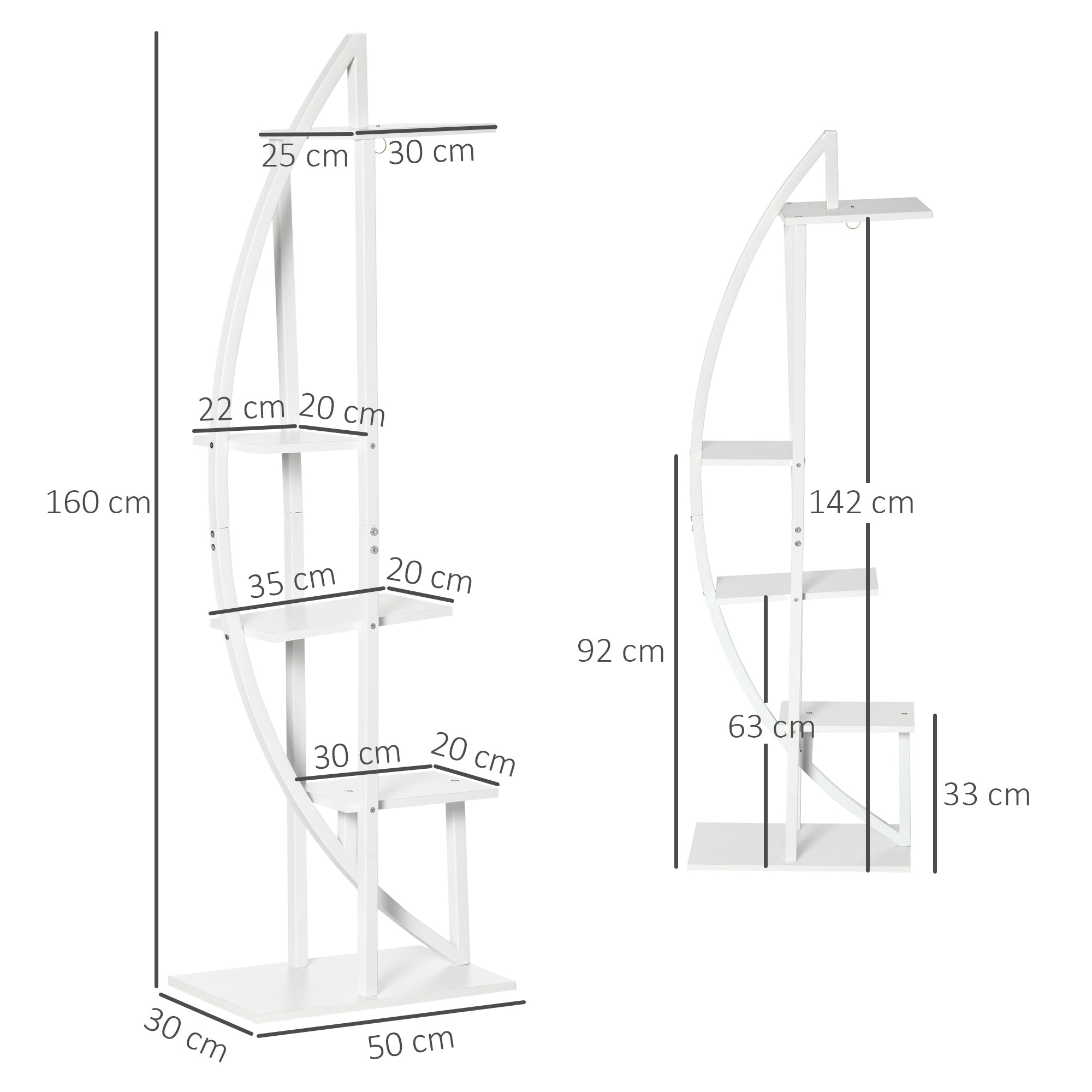 5-Tier Crescent-Shaped Indoor/Outdoor MDF and Steel Flower Stand, 50x30x160cm, White - Borge' Group Limited