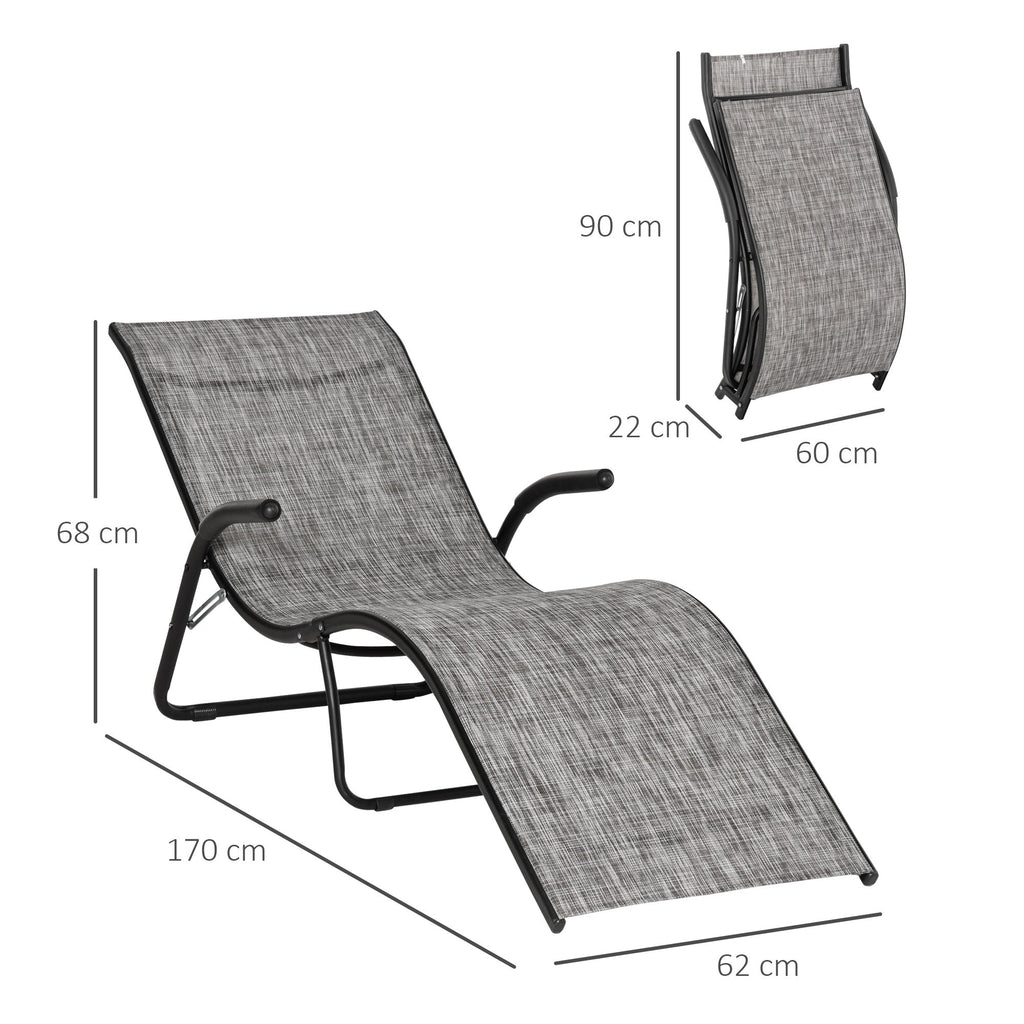Ergonomic Folding Outdoor Sun Lounger in Metal and Mesh Fabric, 170x62x68cm, Grey - Borge' Group Limited