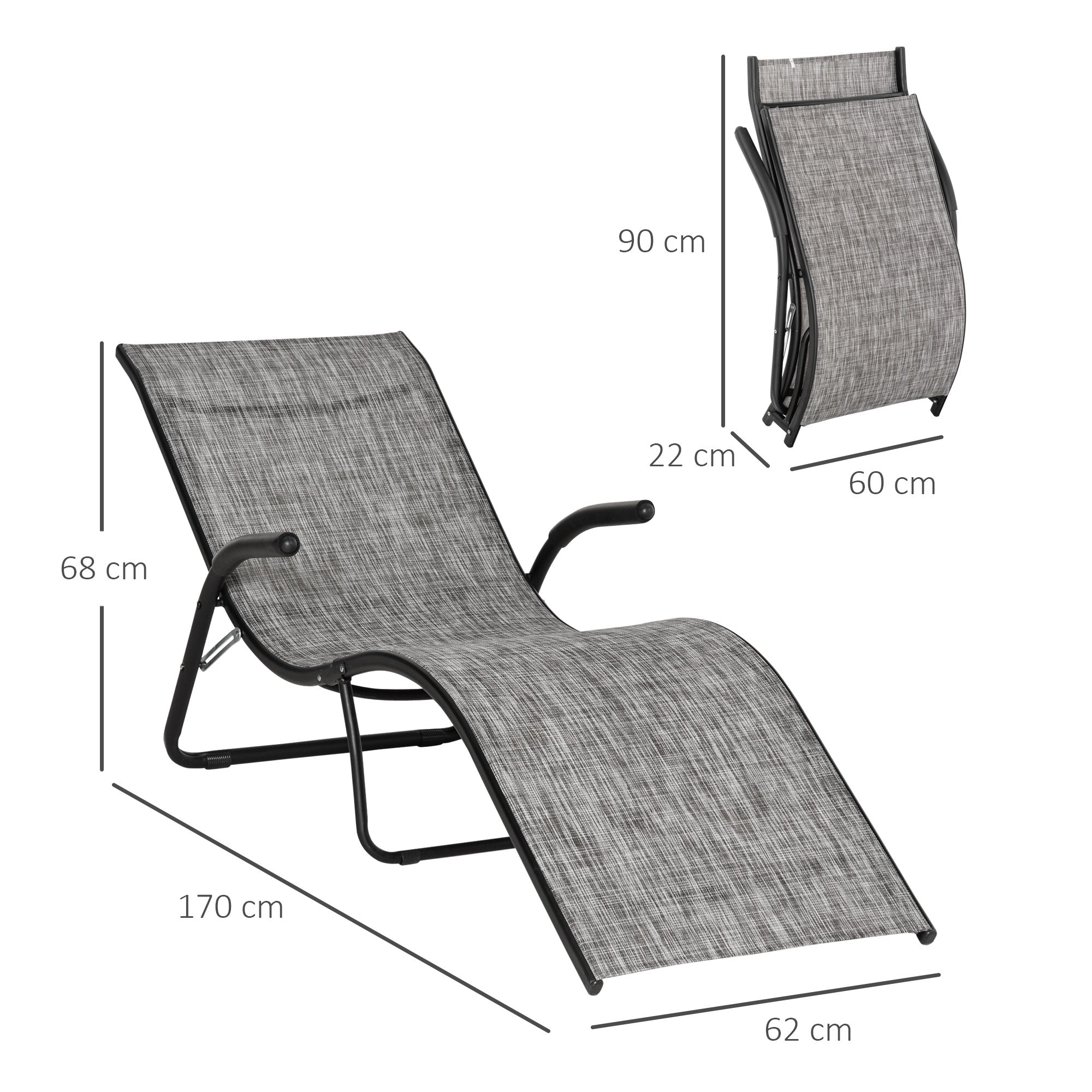 Ergonomic Folding Outdoor Sun Lounger in Metal and Mesh Fabric, 170x62x68cm, Grey - Borge' Group Limited