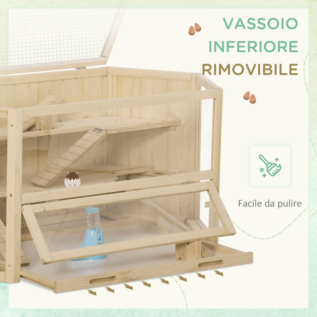 3-Tier Wooden Hamster House with Opening Roof and Transparent Wall, 115x60x55cm - Borge' Group Limited