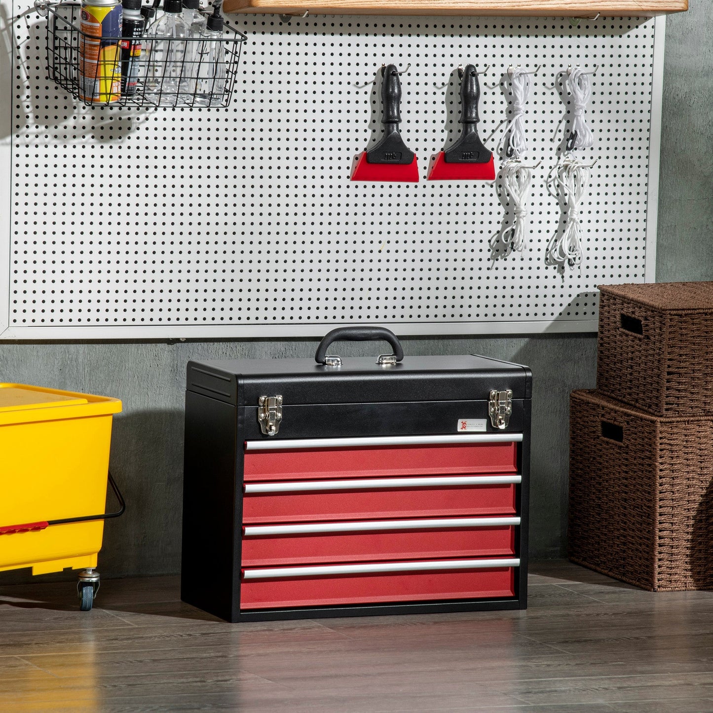 Durhand Steel toolbox with 4 drawers and upper tray, 51x22x39.5 cm, red and black - Borgè