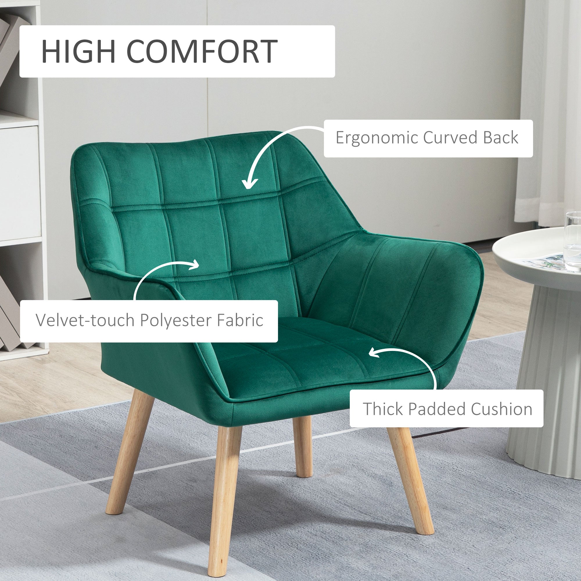 TROMSO | Nordic style armchair in wood and green velvet effect for living room or office | 64x62x72.5 cm - Borgè