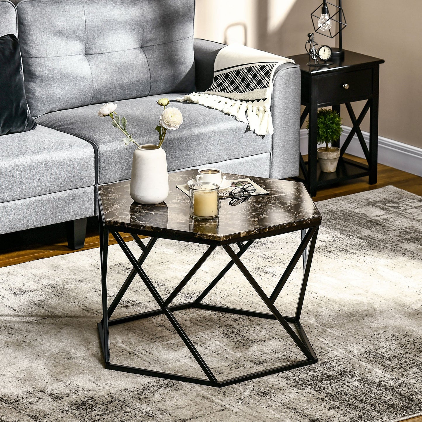 Modern Living Room Table with Marble Effect and MDF and steel structure, 81x70x51.2 cm, Black - Borgè