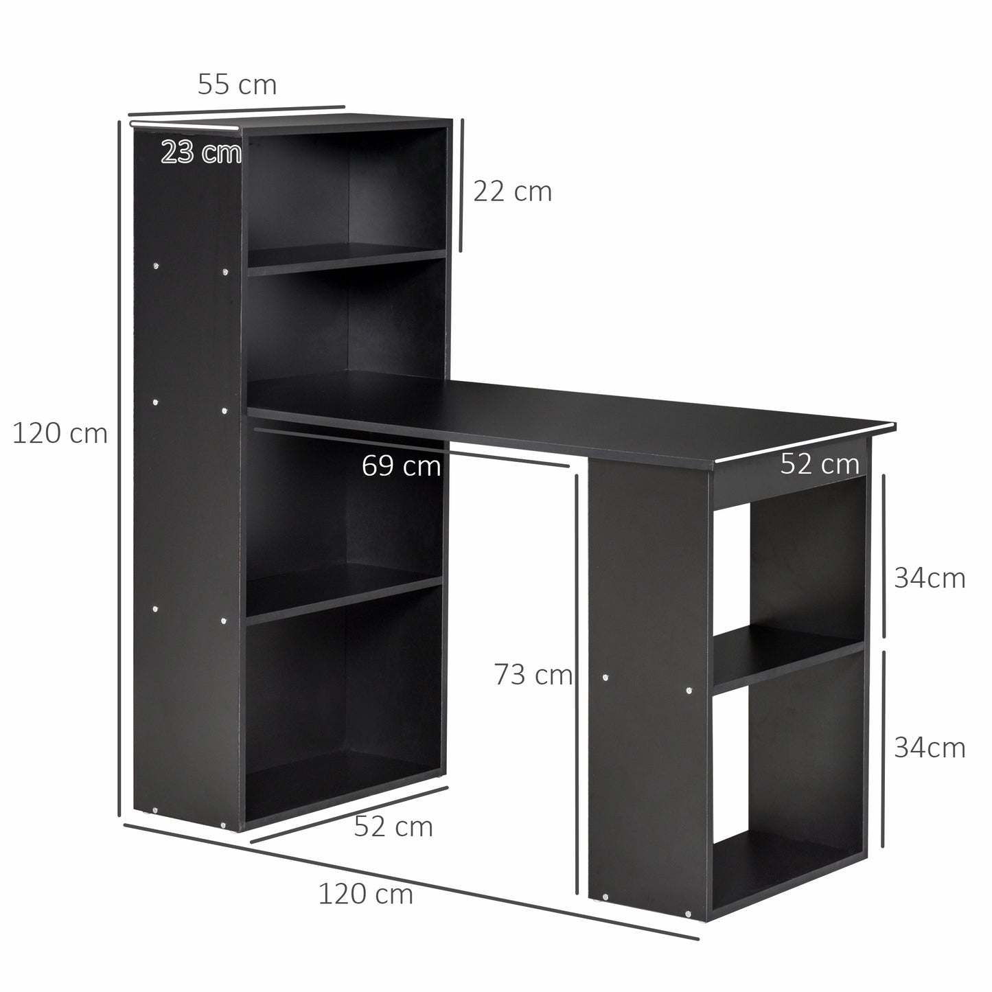 Homcom Wooden PC desk with 6 lateral storage shelves, 120x55x120 cm, black - Borgè