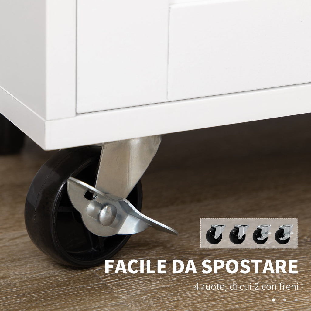 Kitchen Trolley with drawer, door holders, locker and 4 wheels, 109x40x89cm, white - Borgè