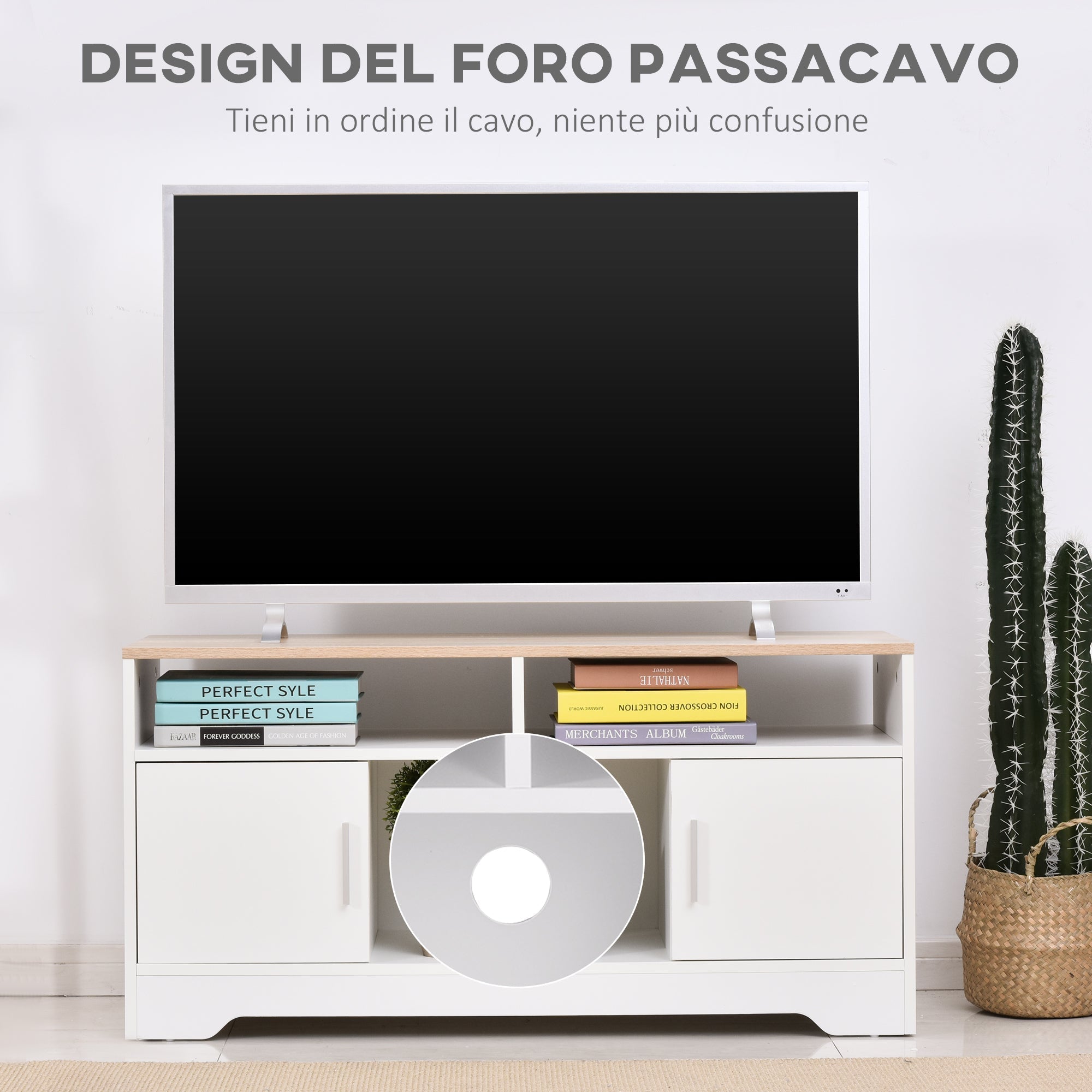 Mobile TV with 3 open compartments, 2 cabinets and support surface for TV up to 42 ", in chipboard, 105x40x52cm, white and wood - Borgè