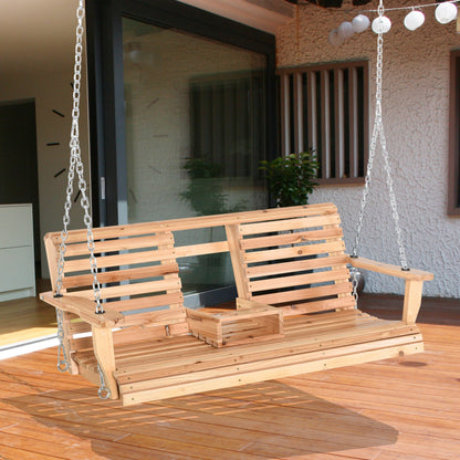 3 -seater suspended rocking outsunny, wooden rocking for garden or terrace with folding coffee table and doorbed - Borgè