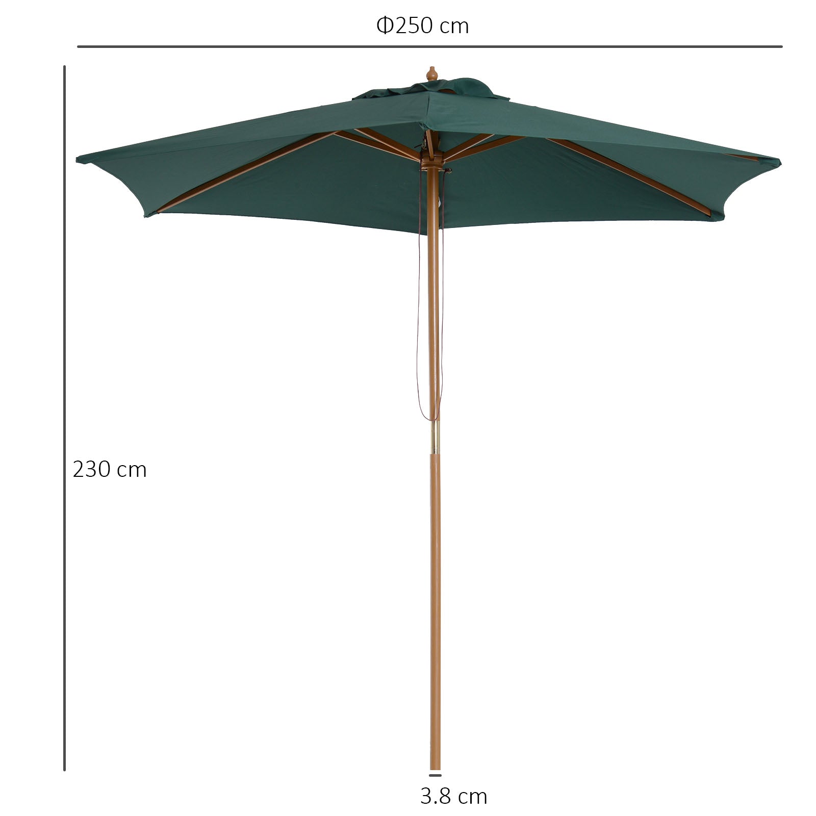 2.5x2.3m 6-Ribbed Garden Umbrella, Wood and Polyester, Dark Green - Borge' Group Limited