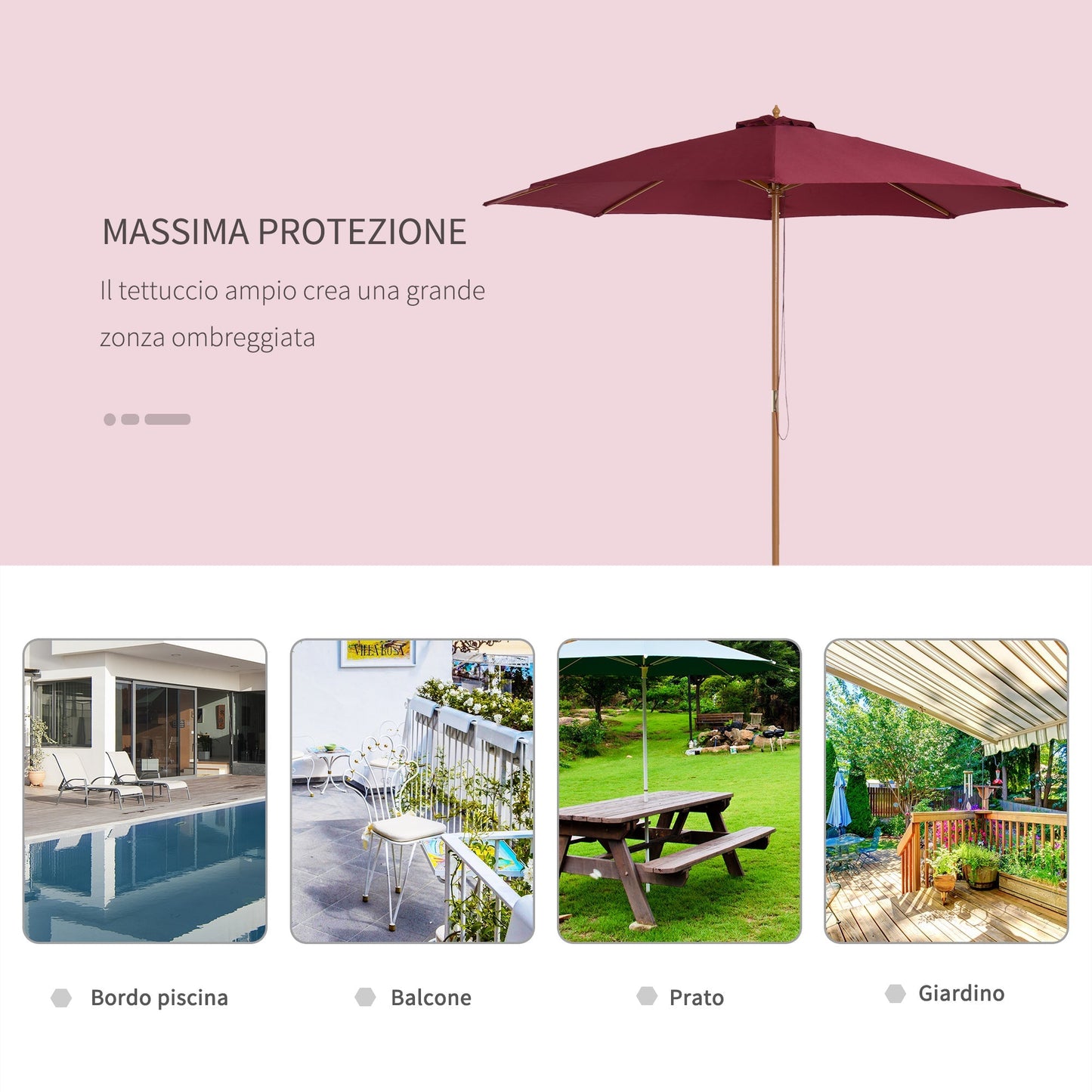 Outsunny umbrella garden parasol with double bamboo roof and polyester, red φ3x2.5m - Borgè