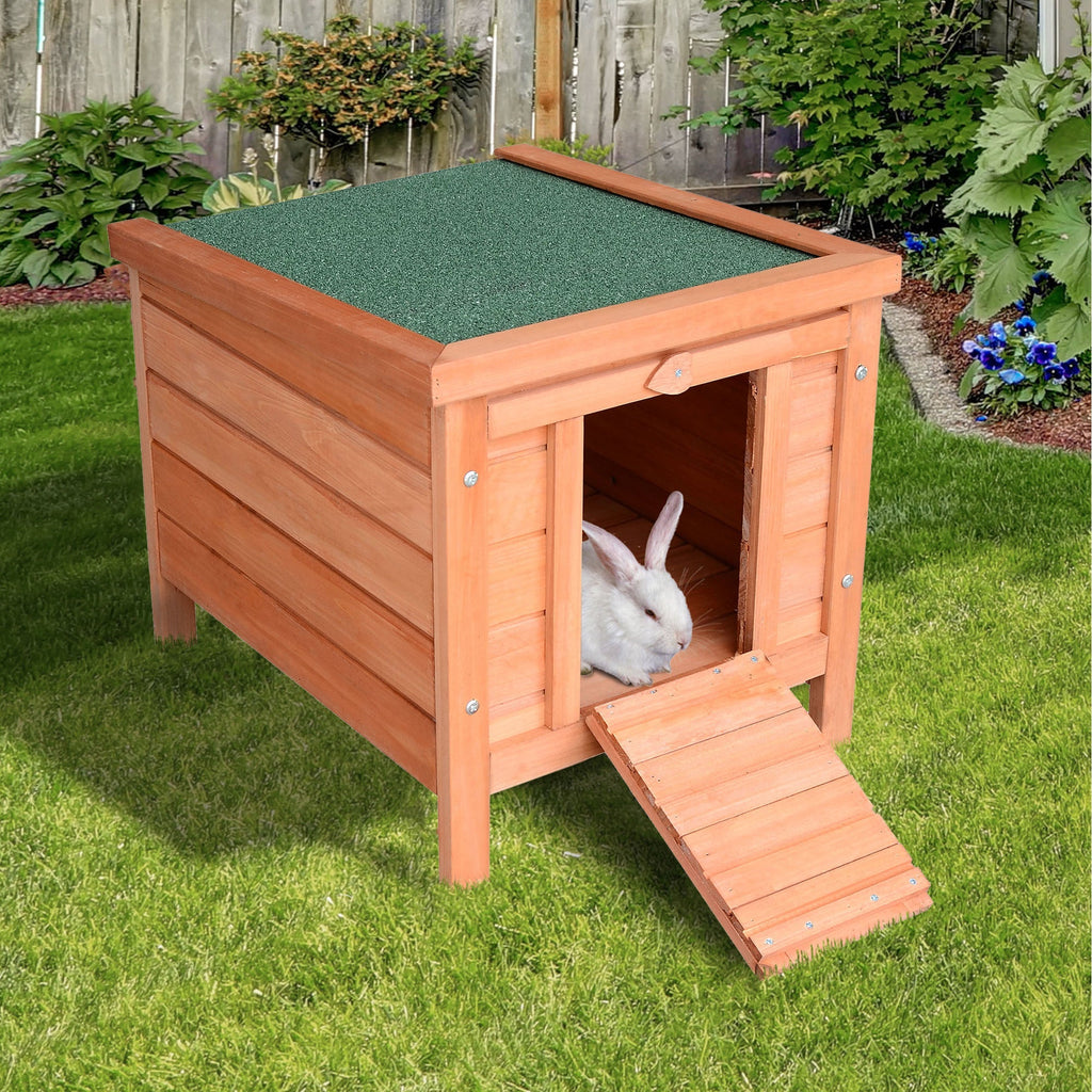 Outdoor Wooden Rabbit Cage with Asphalt Roof and Non-Slip Ramp, 42x51x43cm, Red Orange - Borge' Group Limited