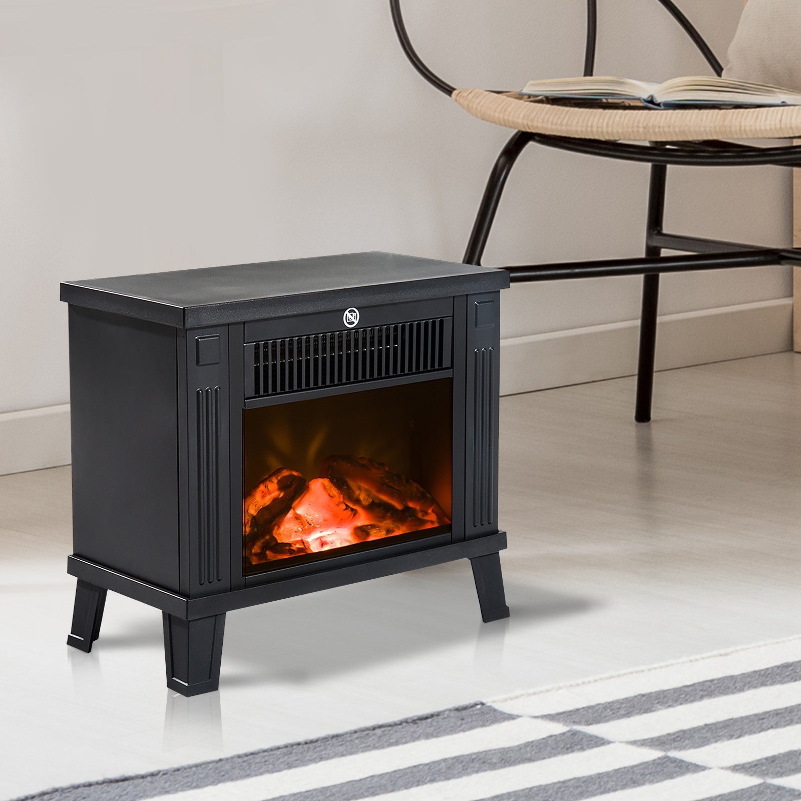 Modern Floor Standing Electric Fireplace Power 600W/1200W with Flame Effect 34 x 17 x 31cm Black - Borgè