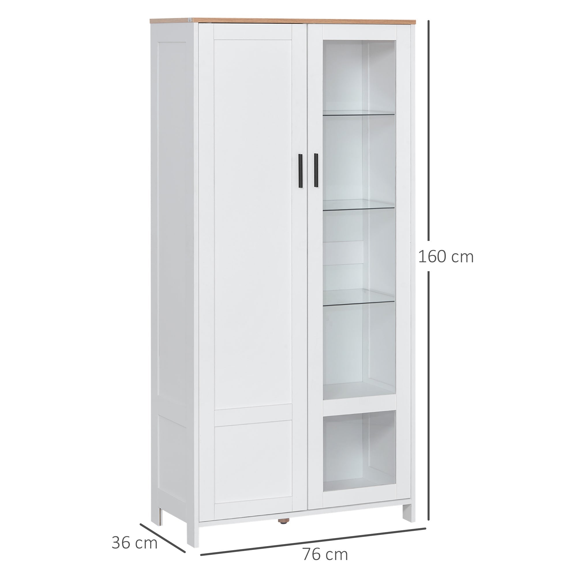 Modern Care of 2 Doors with adjustable shelves in wood and glass, 76x36x160cm, white - Borgè