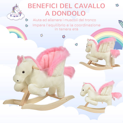 White and Pink Rocking Horse with Sounds and Poplar Wood Structure for Children 18-36 Months, 70x28x57cm