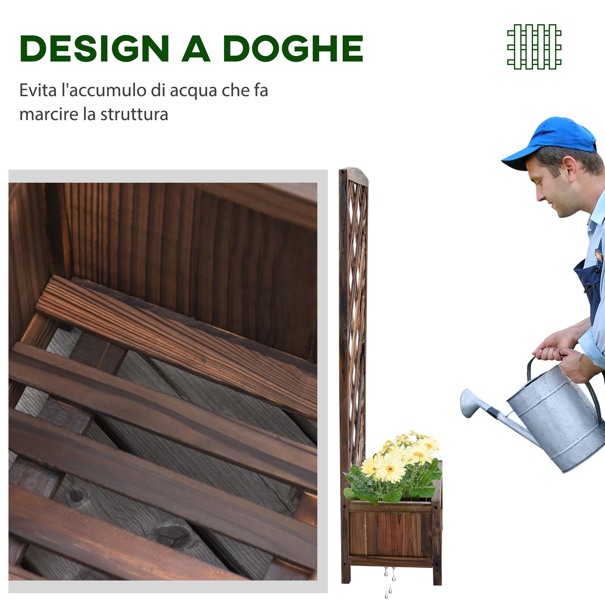 Outsunny Outdoor Fioriera with wooden grill for climbing plants, 60x30x122.5 cm, brown - Borgè