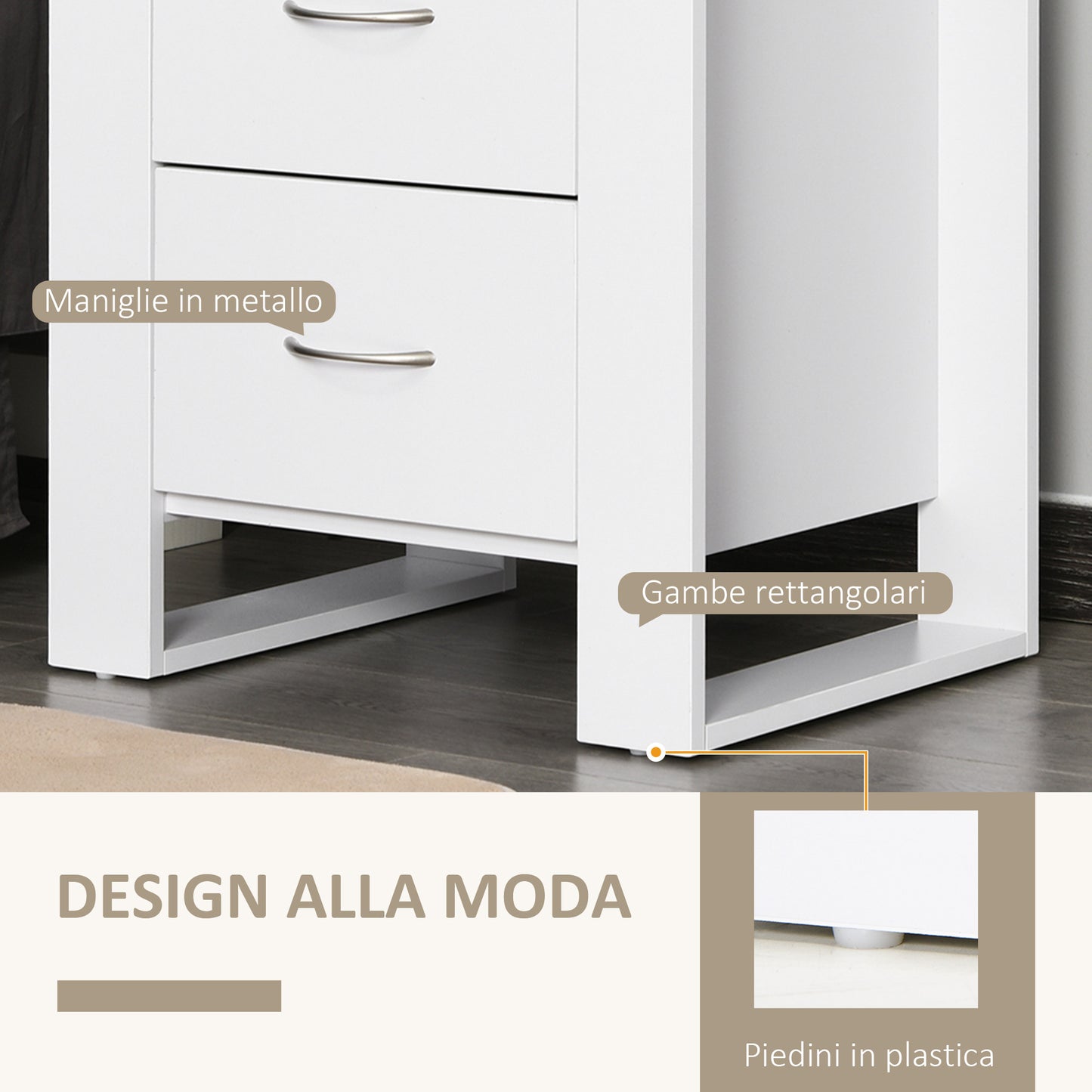 Homcom Modern wooden bedside table with 2 drawers per bedroom, 48x39x54cm, white - Borgè