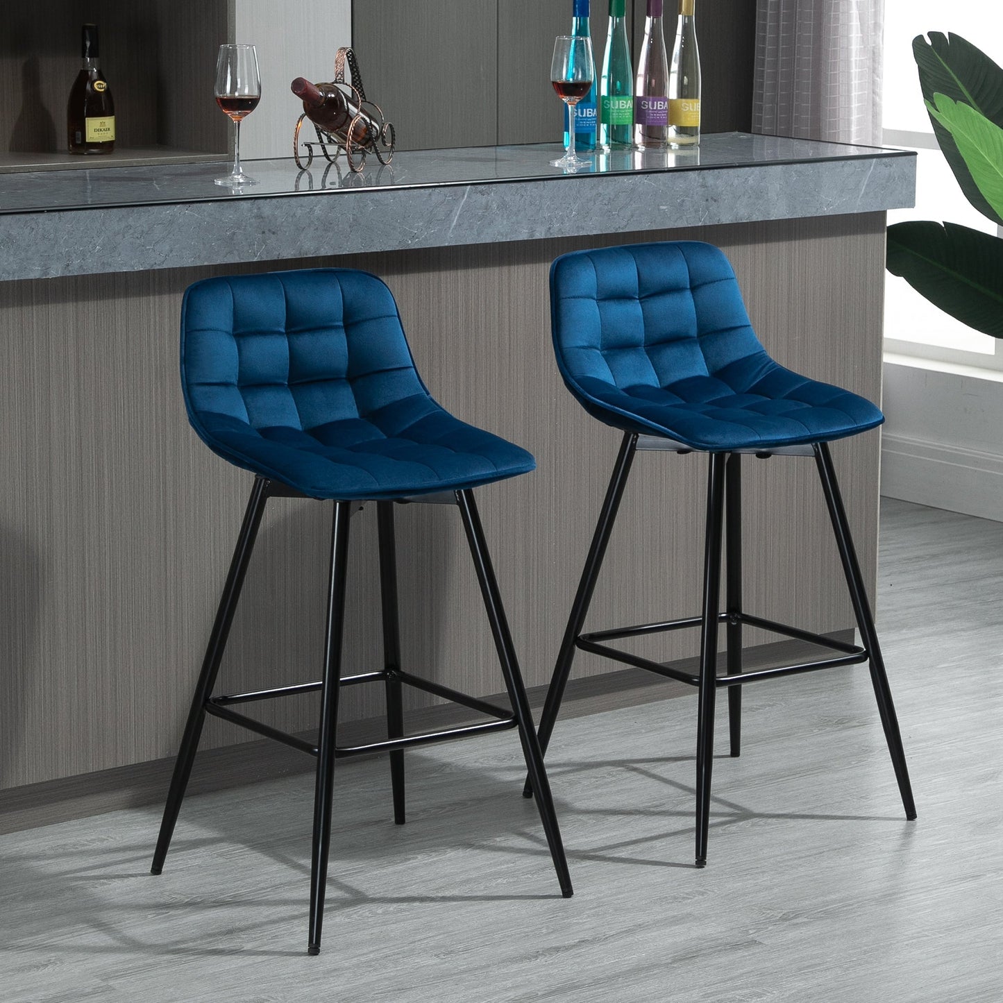 Set of 2 Bar Stools with Backrest and Footrest, Nordic Style High Upholstered Chairs in Metal and Velvet, Blue, 45x47x88cm - Borgè