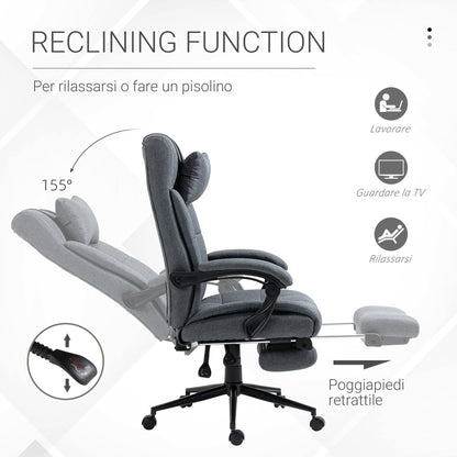 Vadgetto Retlinable Ergonomic Office Chair, High Back Directional Chair, Office Armchair With Puogatesta and Removable footrest, 66x70x116-124cm, Grey - Borgè