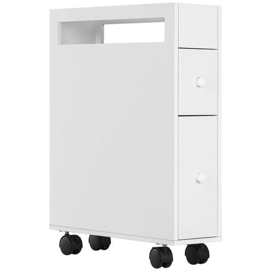 Kleankin Bathroom saving cabinet with 4 wheels, 2 drawers and open shelf, 16x49.5x66cm, white - Borgè