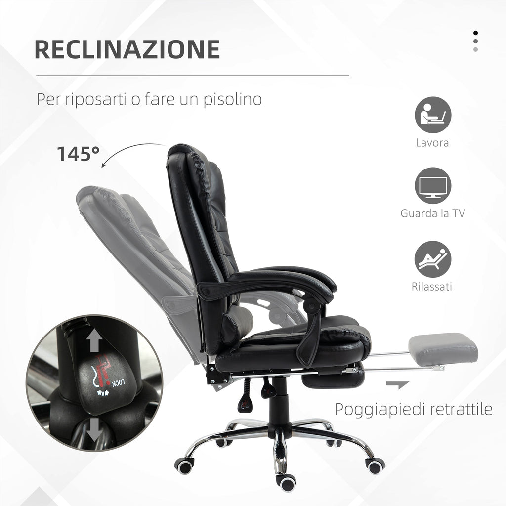 office chair at adjustable height with reclining back and footrest, 64.5x69x117-127 cm, black - Borgè