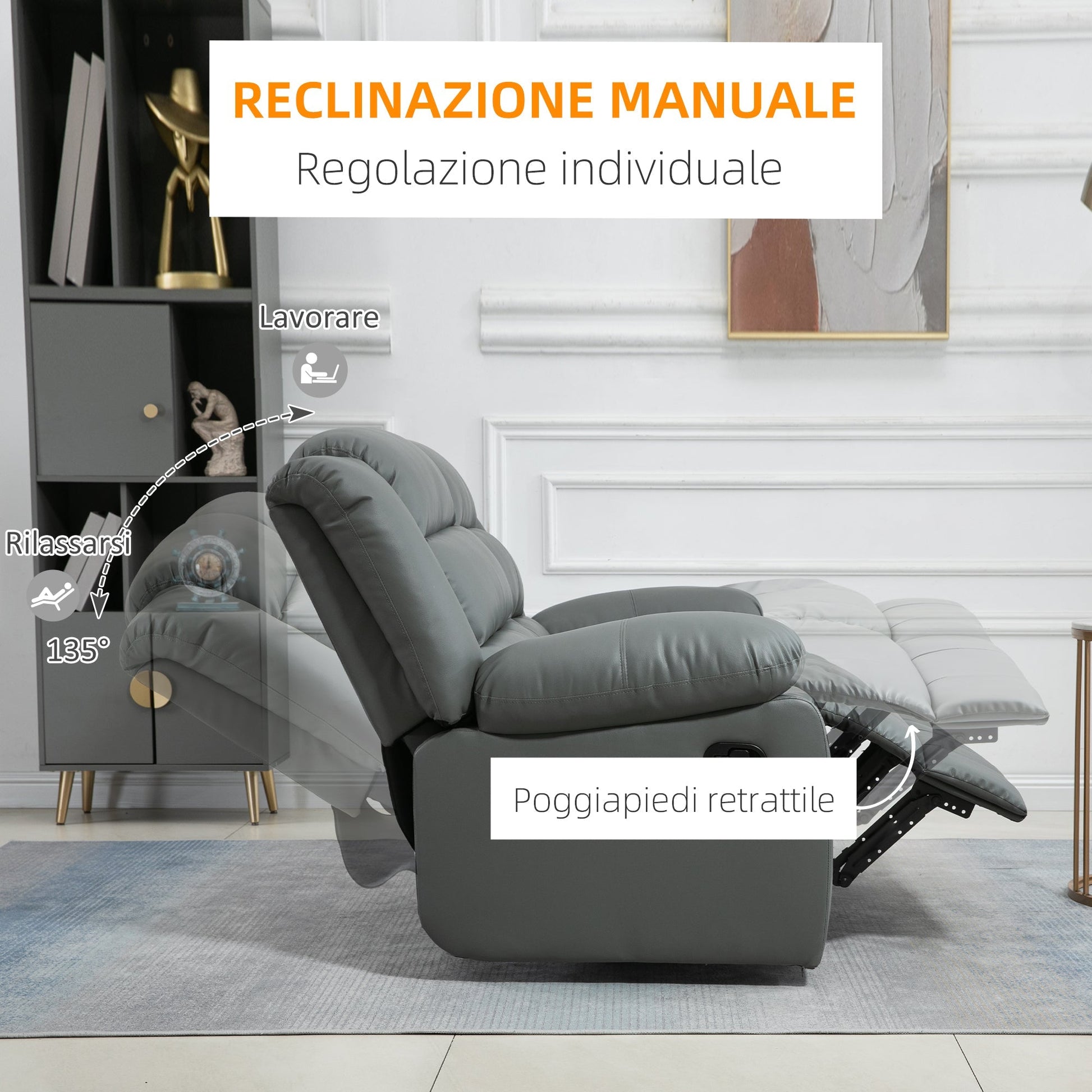 MILLE | Grey 2 Seater Reclining Sofa with padded Cushions | 168x93x102 cm - Borgè