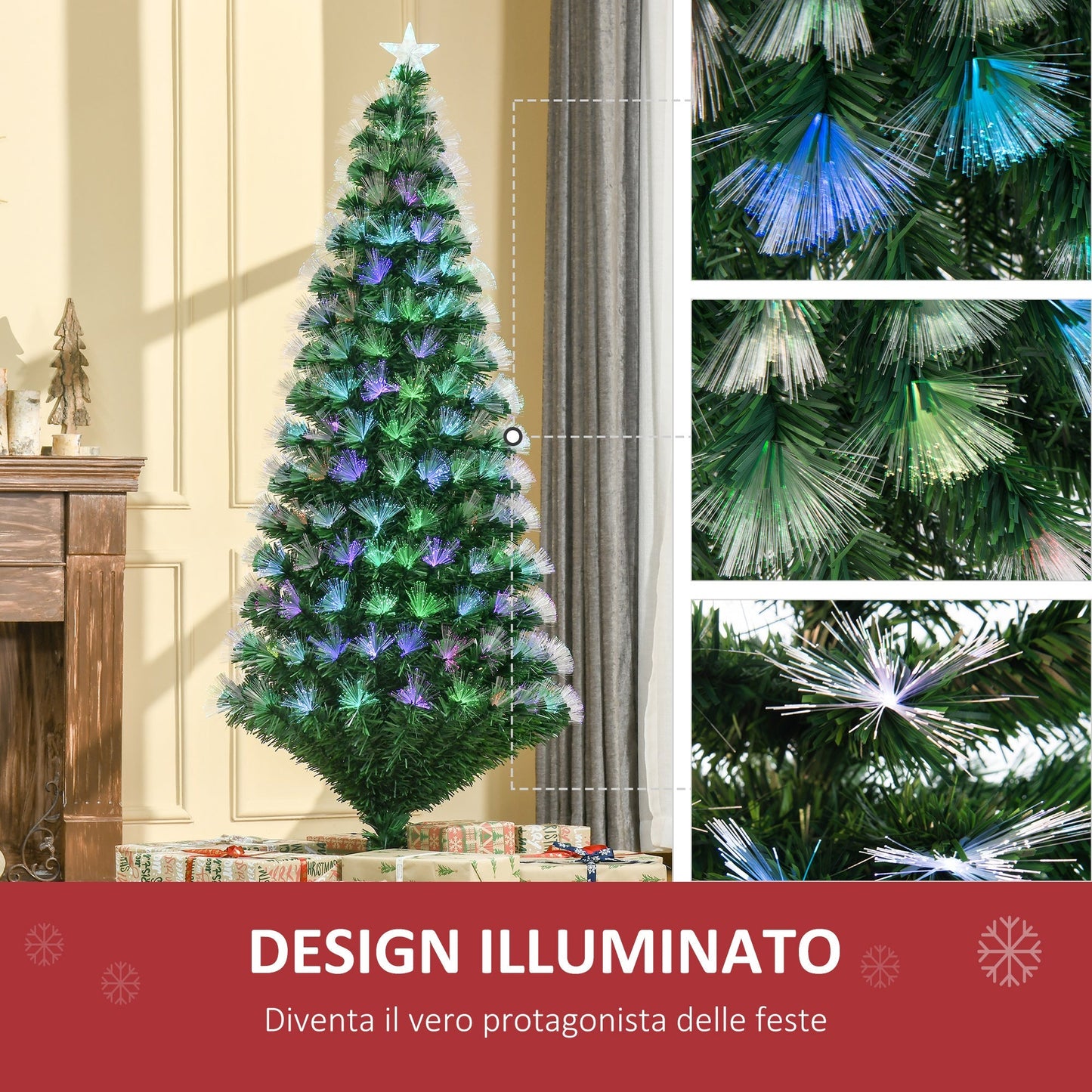 Christmas Tree with 230 LED Lights and Colourful Fiber Optic Lights, 180cm,  230 Fireproof PVC Branches and Metal Base