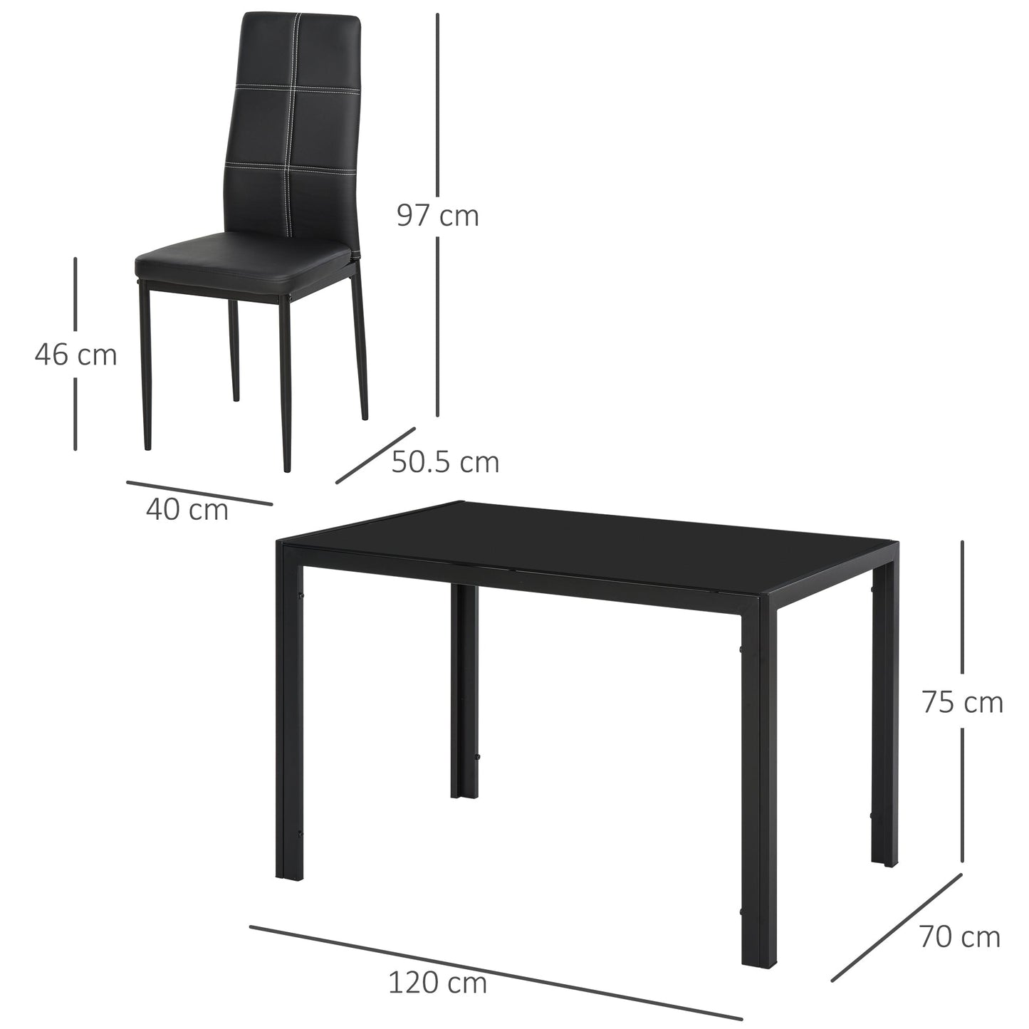 Set 5 pieces with 1 table and 4 kitchen chairs or dining room in the same -like, metal and tempered glass, black - Borgè