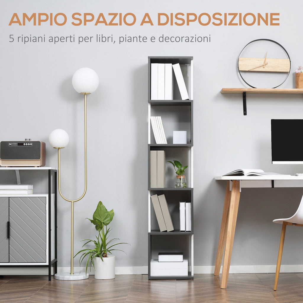 Homonda Modern Library Book Dediced 5 Wooden shelves, 33x28x161cm, Grey and White - Borgè